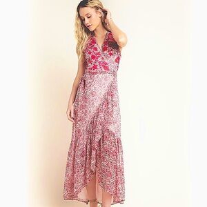 Anthropologie Ranna Gill Alexandra Floral Appliqué Beaded Wrap Maxi Dress in XL